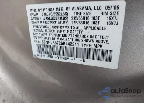 2006 Honda Odyssey Ex-L from USA, damaged, VIN 5FNRL38726B442211
